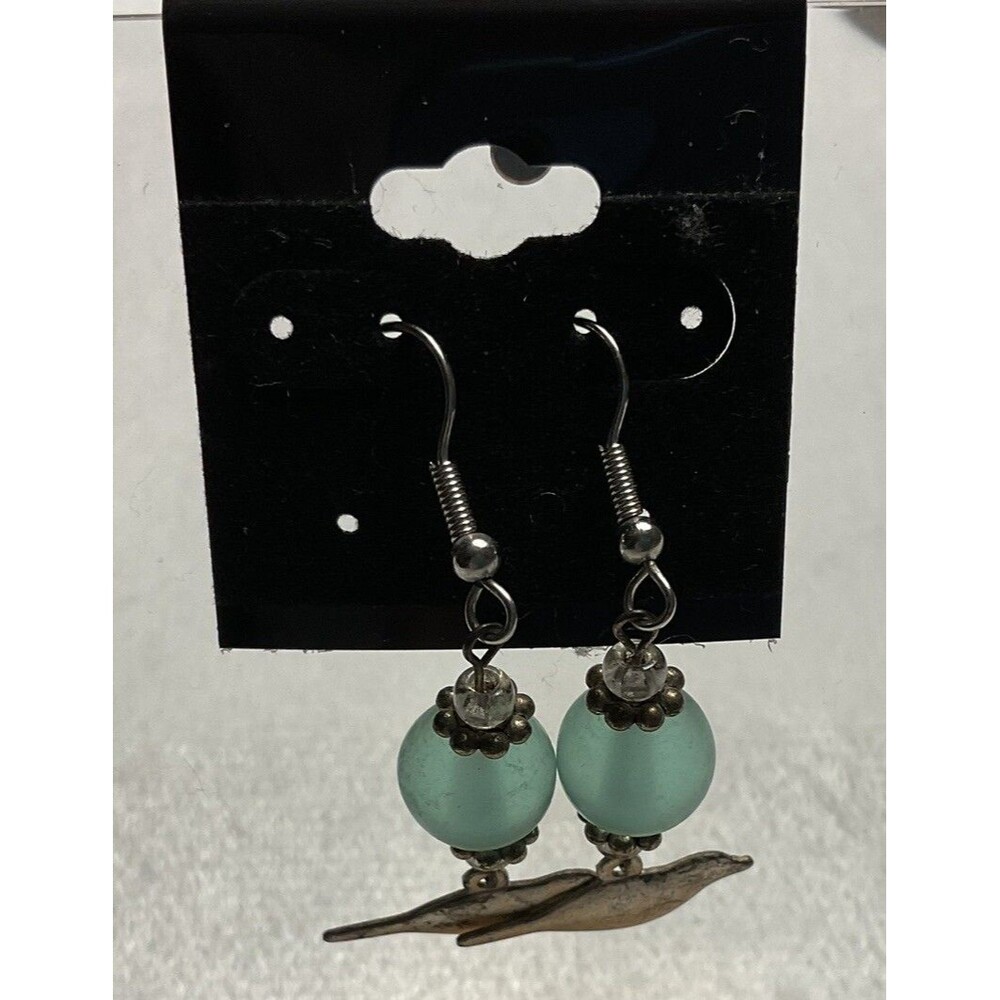 New Silver Bird And Green Glass Ball Dangle Earrings